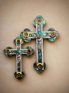 Mother - of - Pearl Reliquary Cross — Soil, Olive Leaf, Incense & Stone Capsules - Christian Crafts