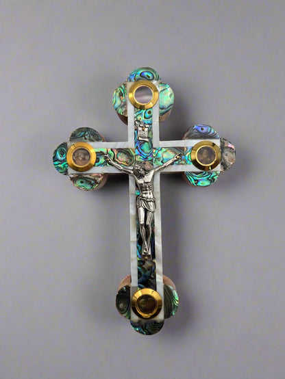 Mother - of - Pearl Reliquary Cross — Soil, Olive Leaf, Incense & Stone Capsules - Christian Crafts