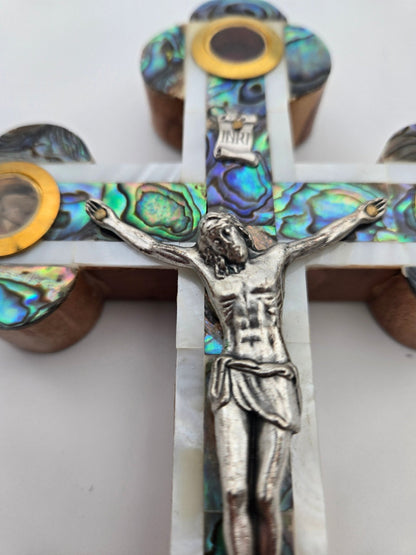 Mother - of - Pearl Reliquary Cross — Soil, Olive Leaf, Incense & Stone Capsules - Christian Crafts