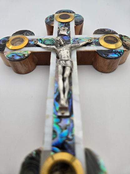 Mother - of - Pearl Reliquary Cross — Soil, Olive Leaf, Incense & Stone Capsules - Christian Crafts