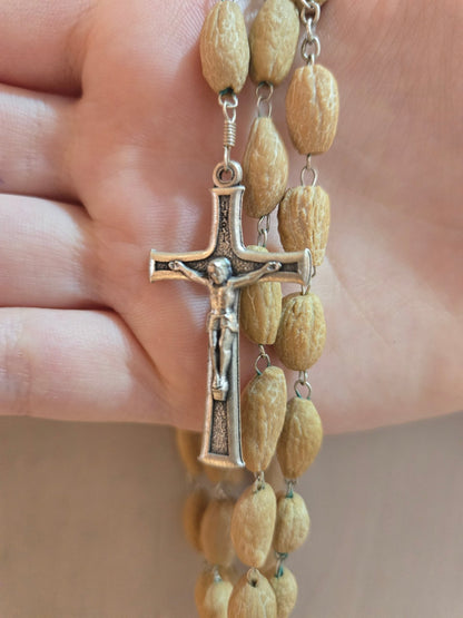 Olive Pit Rosary Necklace — Pewter Reliquary with Holy - Land Soil & Crucifix - Christian Crafts