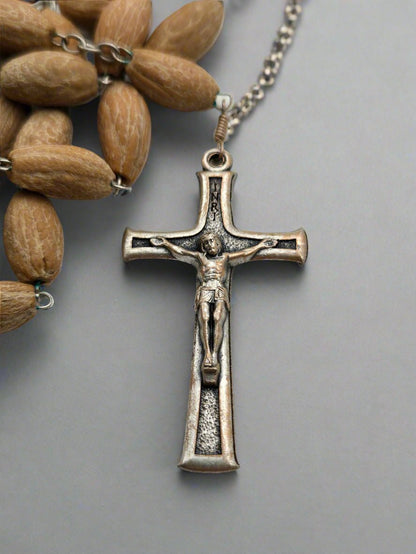 Olive Pit Rosary Necklace — Pewter Reliquary with Holy - Land Soil & Crucifix - Christian Crafts