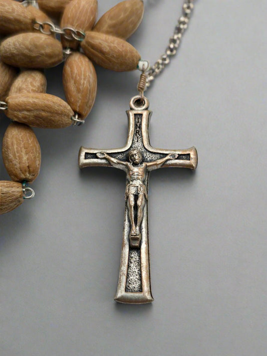 Olive Pit Rosary Necklace — Pewter Reliquary with Holy - Land Soil & Crucifix - Christian Crafts