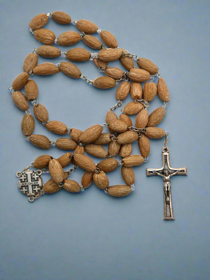 Olive Pit Rosary Necklace — Pewter Reliquary with Holy - Land Soil & Crucifix - Christian Crafts