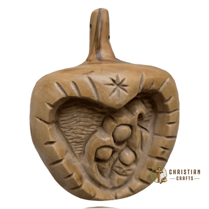 Olive Wood “Apple” Nativity Ornament — Hand - Carved Holy Family Keepsake - Christian Crafts