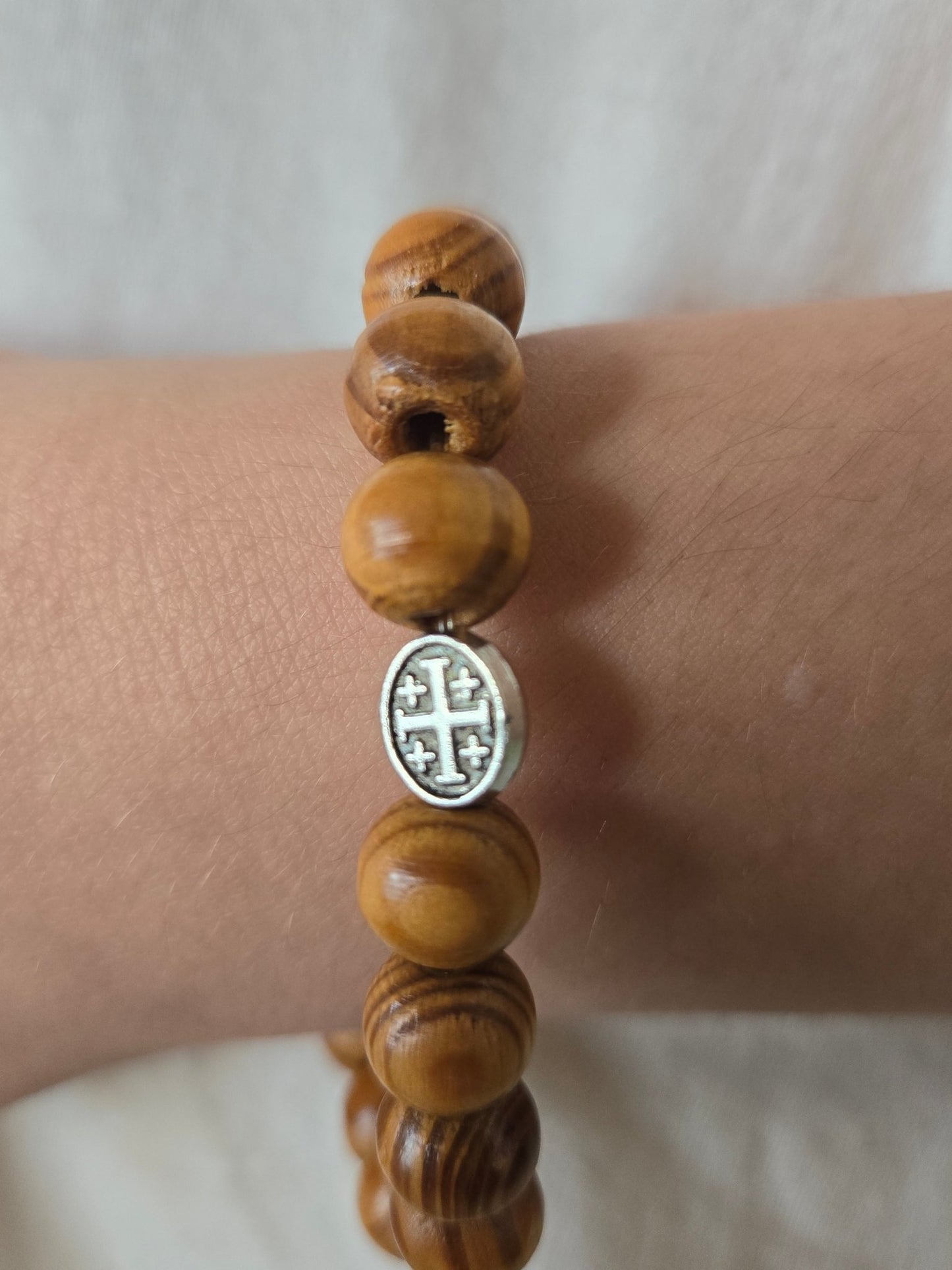 Olive Wood Bead Bracelet with Jerusalem Cross — Unisex Elastic Design - Christian Crafts