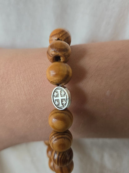 Olive Wood Bead Bracelet with Jerusalem Cross — Unisex Elastic Design - Christian Crafts