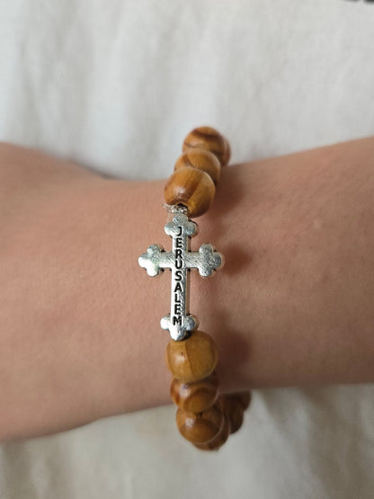 Olive Wood Bead Bracelet with Jerusalem Cross — Unisex Elastic Design - Christian Crafts