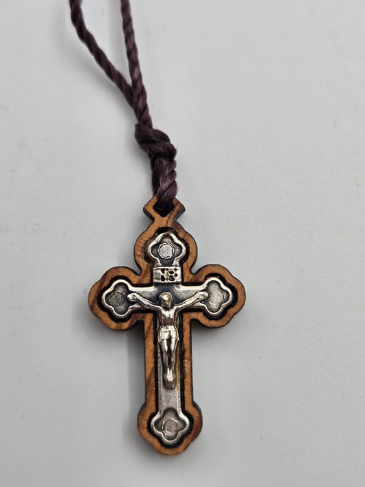 Olive Wood Crucifix Pendant Necklace — Small Silver - Tone Corpus - Christian Crafts