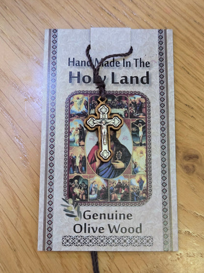 Olive Wood Crucifix Pendant Necklace — Small Silver - Tone Corpus - Christian Crafts