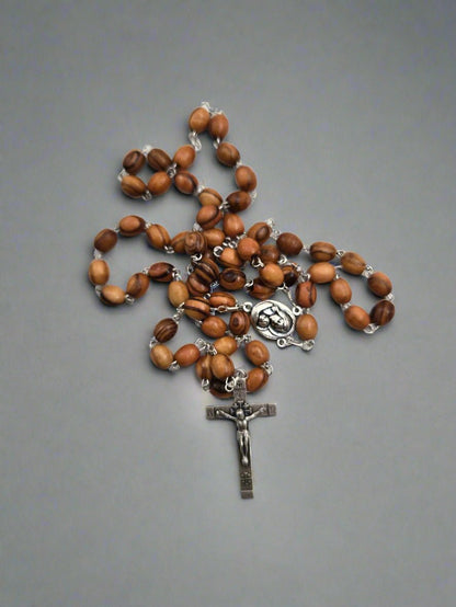 Olive Wood Full Rosary —7 mm Beads with Pewter Rose Center & Crucifix - Christian Crafts