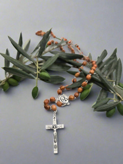 Olive Wood Full Rosary —7 mm Beads with Pewter Rose Center & Crucifix - Christian Crafts