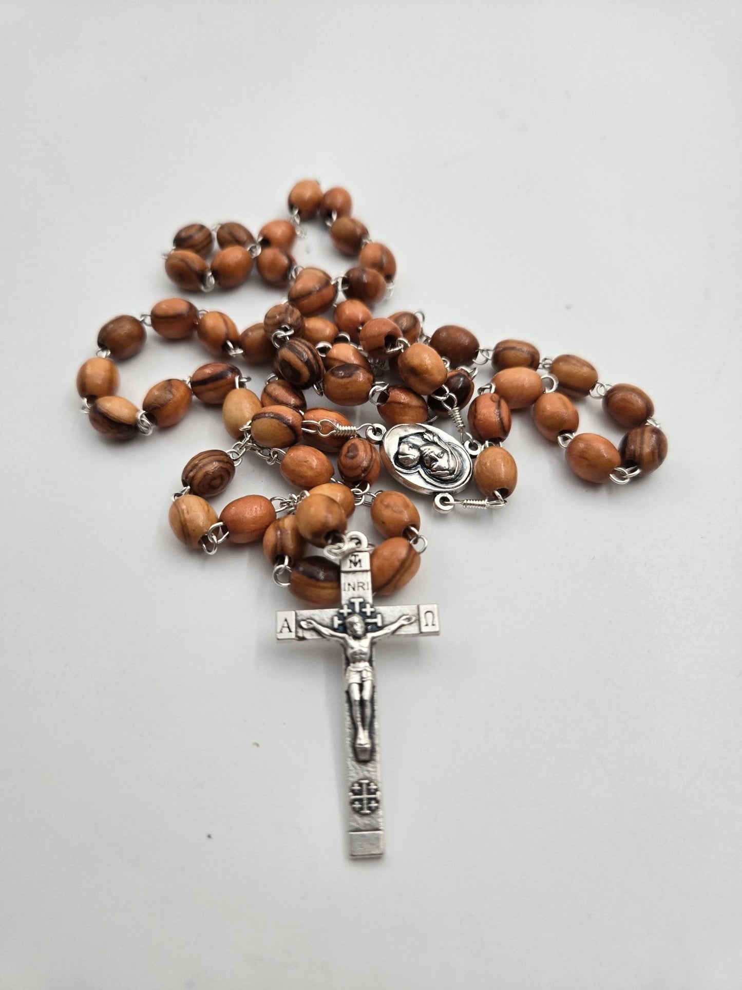 Olive Wood Full Rosary —7 mm Beads with Pewter Rose Center & Crucifix - Christian Crafts