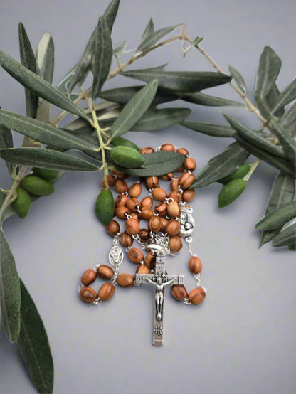 Olive Wood Full Rosary —7 mm Beads with Pewter sperators & holy soil heart - Christian Crafts