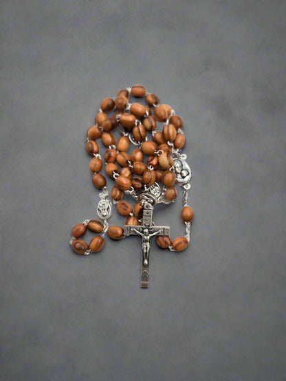 Olive Wood Full Rosary —7 mm Beads with Pewter sperators & holy soil heart - Christian Crafts