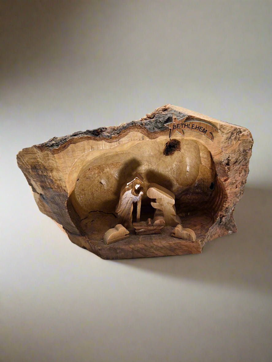 Olive Wood Holy Family Nativity Cave — Rustic Bark Crèche Sculpture - Christian Crafts