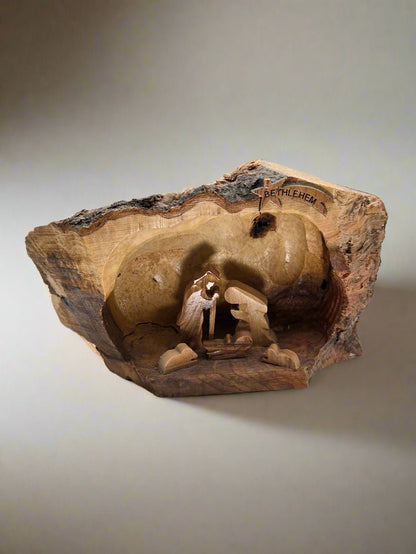 Olive Wood Holy Family Nativity Cave — Rustic Bark Crèche Sculpture - Christian Crafts
