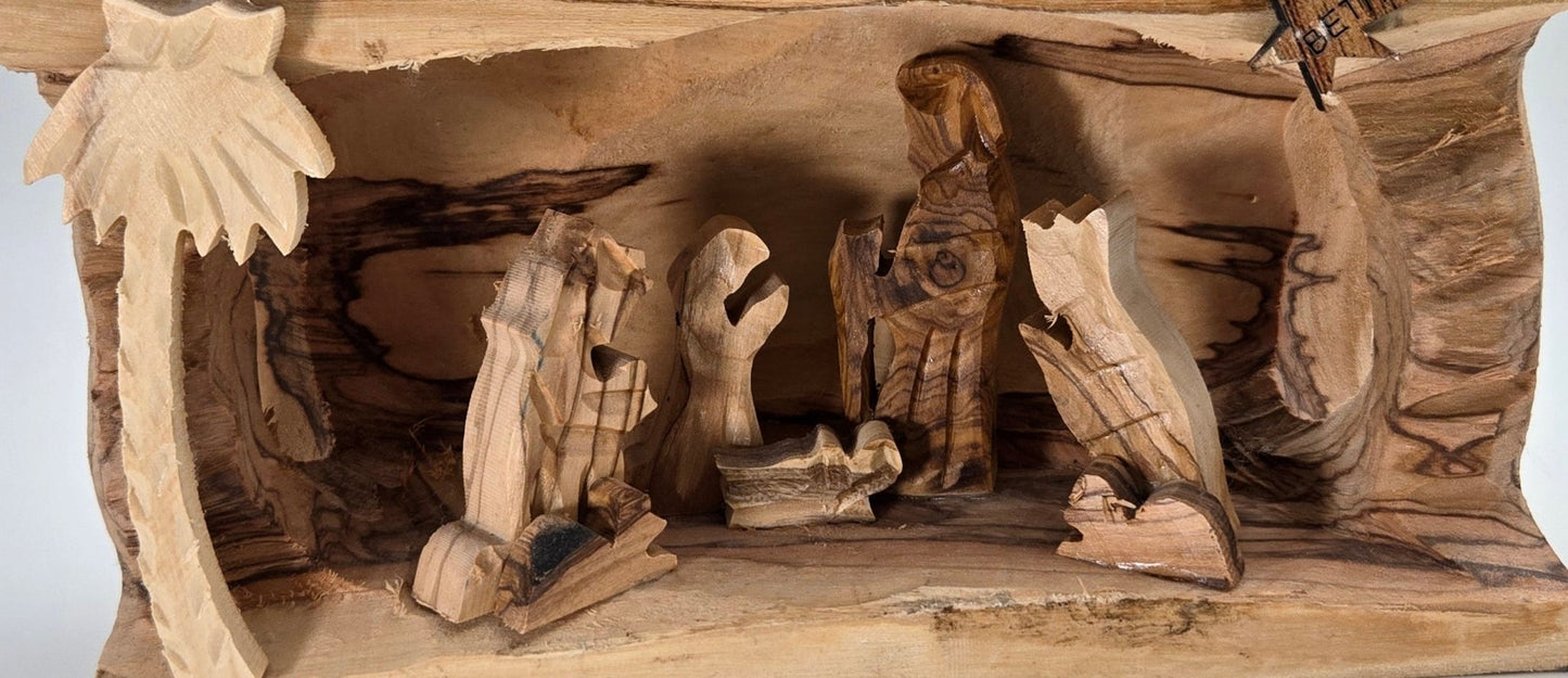 Olive Wood Holy Family Nativity Log — Bethlehem Bark Crèche Sculpture - Christian Crafts