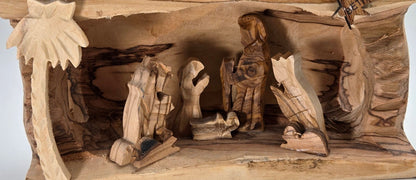Olive Wood Holy Family Nativity Log — Bethlehem Bark Crèche Sculpture - Christian Crafts
