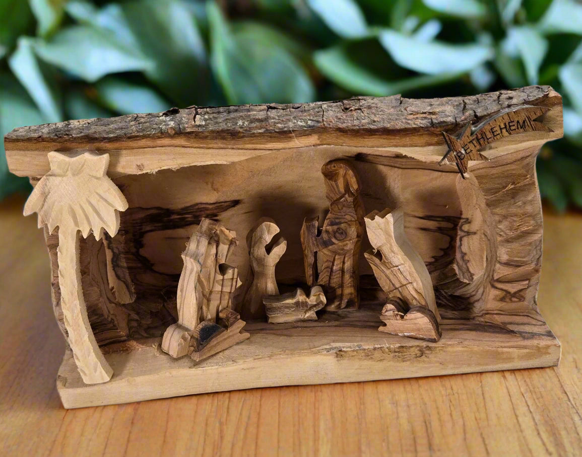 Olive Wood Holy Family Nativity Log — Bethlehem Bark Crèche Sculpture - Christian Crafts