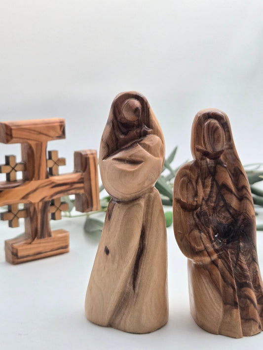 Olive Wood Holy Land Trio – Abstract Madonna & Child, St. Joseph & Jerusalem Cross (3 - Piece Set) - Bundle