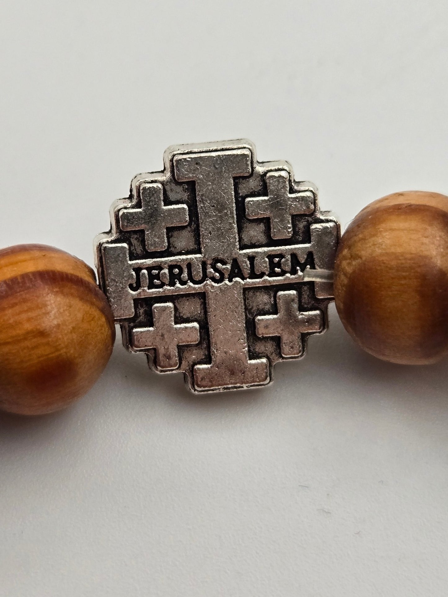 Olive Wood Jerusalem Cross & Medallion Bracelet — Stretch - Fit Holy - Land Beads - Christian Crafts