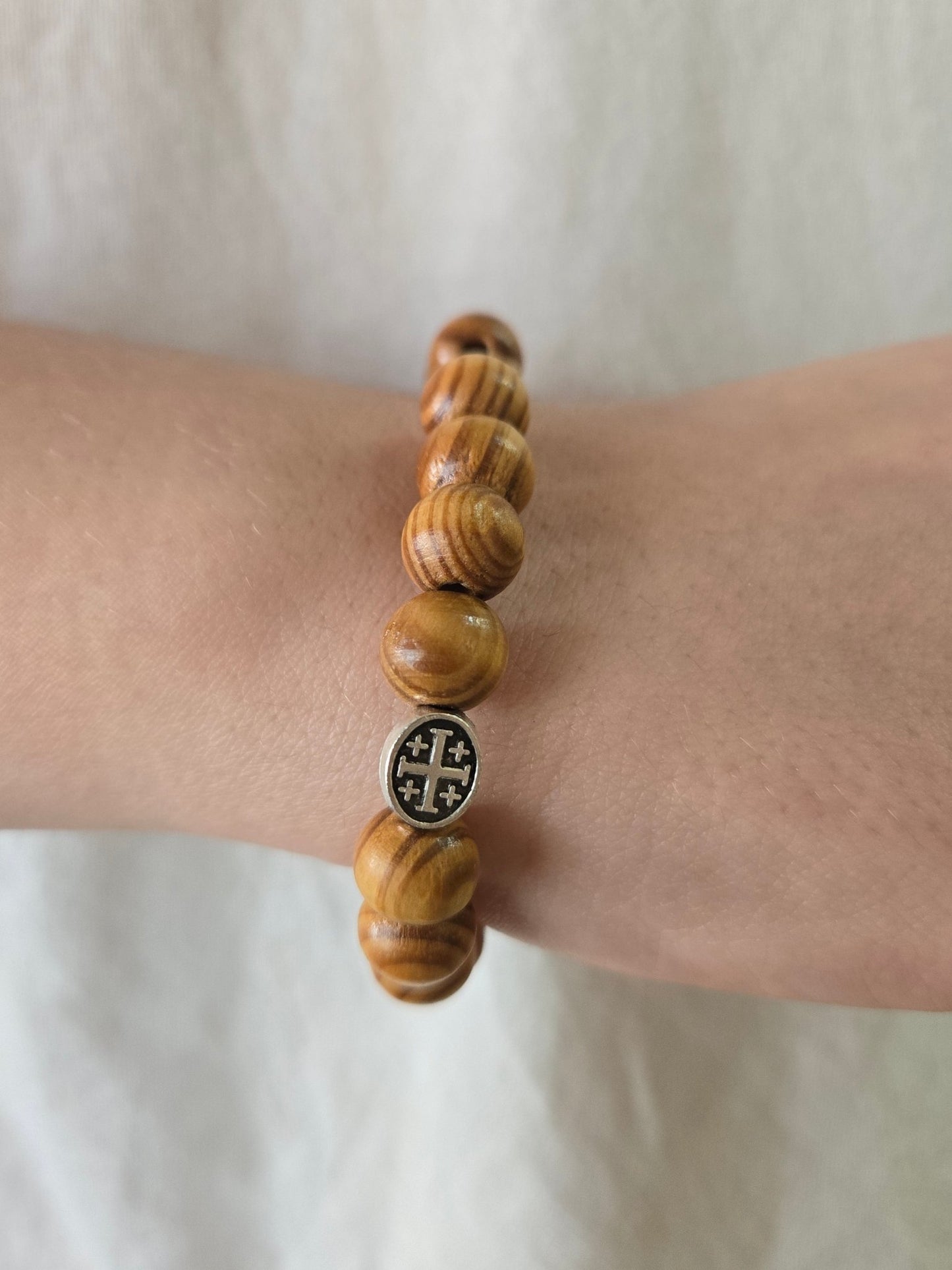Olive Wood Jerusalem Cross & Medallion Bracelet — Stretch - Fit Holy - Land Beads - Christian Crafts