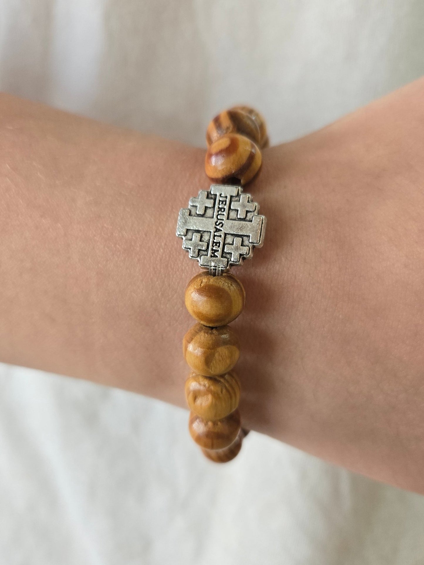 Olive Wood Jerusalem Cross & Medallion Bracelet — Stretch - Fit Holy - Land Beads - Christian Crafts