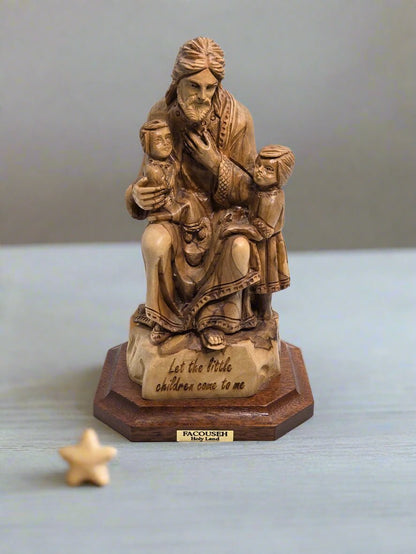 Olive Wood 'Jesus Blesses the Children' Holy Land Figurine - Christian Crafts