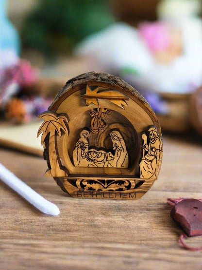Olive Wood Log Nativity Cave – Holy Family from Bethlehem - Christian Crafts