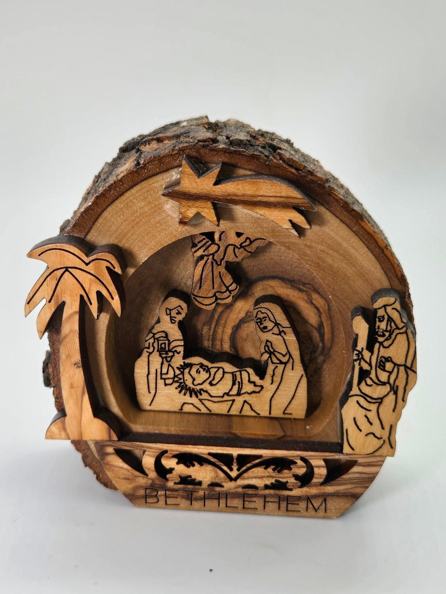 Olive Wood Log Nativity Cave – Holy Family from Bethlehem - Christian Crafts