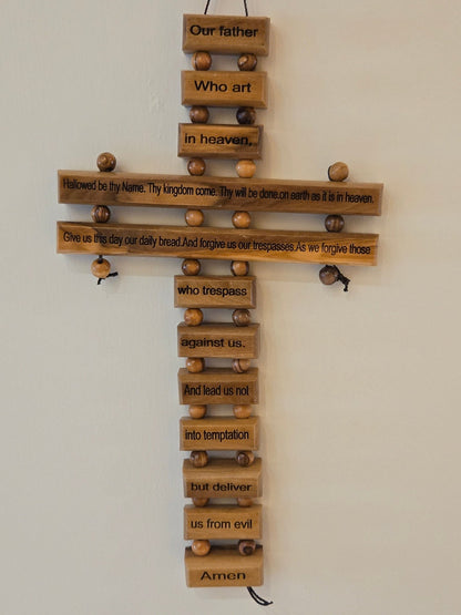 Olive Wood Lord’s Prayer Cross — Hanging “Our Father” Wall Plaque - Christian Crafts