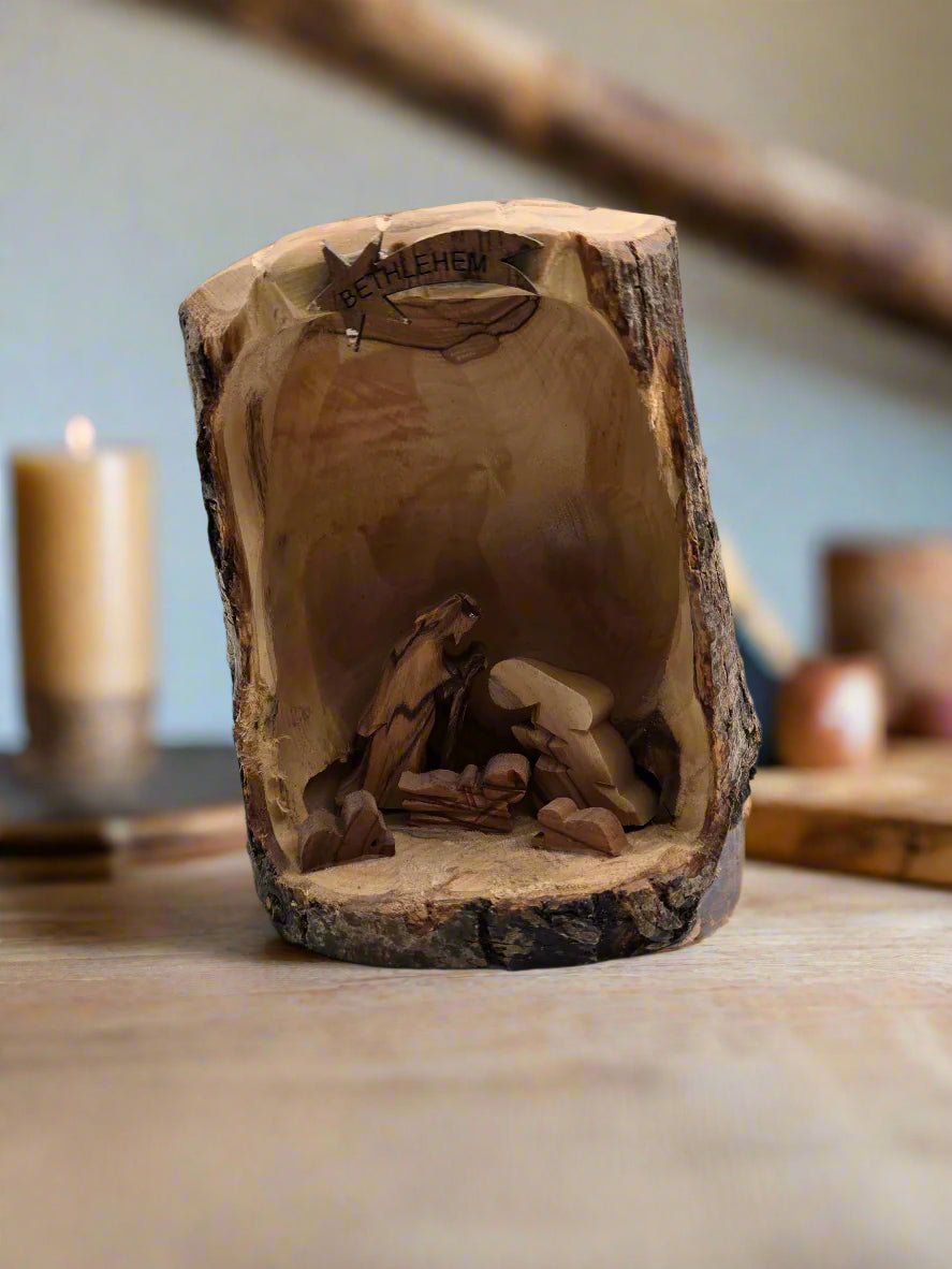 Olive Wood Nativity Cave Sculpture — Rustic Bark Crèche - Christian Crafts
