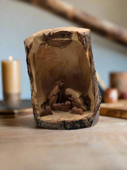 Olive Wood Nativity Cave Sculpture — Rustic Bark Crèche - Christian Crafts
