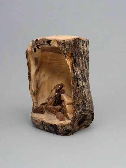 Olive Wood Nativity Cave Sculpture — Rustic Bark Crèche - Christian Crafts