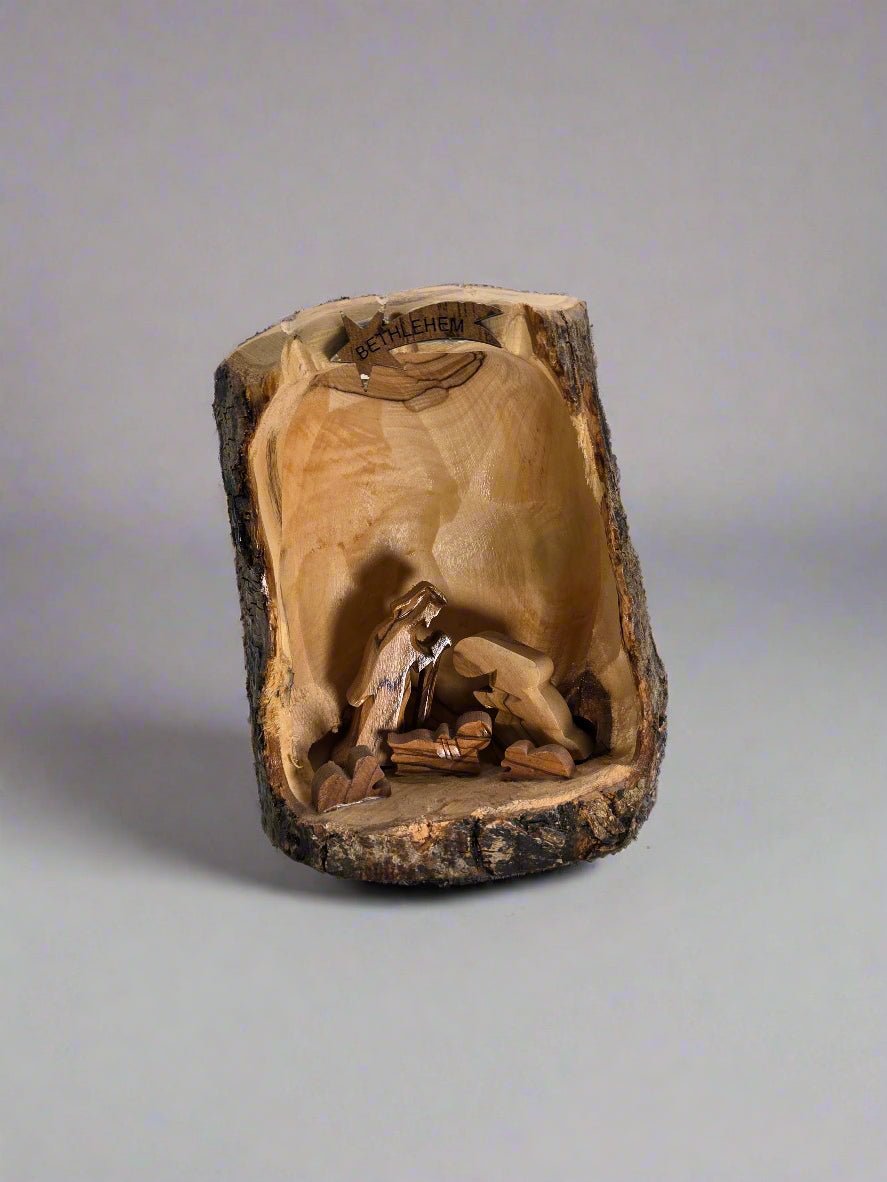 Olive Wood Nativity Cave Sculpture — Rustic Bark Crèche - Christian Crafts