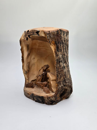 Olive Wood Nativity Cave Sculpture — Rustic Bark Crèche - Christian Crafts