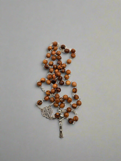 Olive Wood Pocket Rosary — 6 mm Beads with Pewter Crucifix and Jerusalem Cross - Christian Crafts
