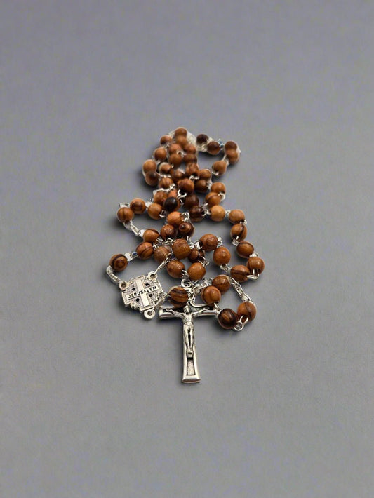 Olive Wood Pocket Rosary — 6 mm Beads with Pewter Crucifix and Jerusalem Cross - Christian Crafts