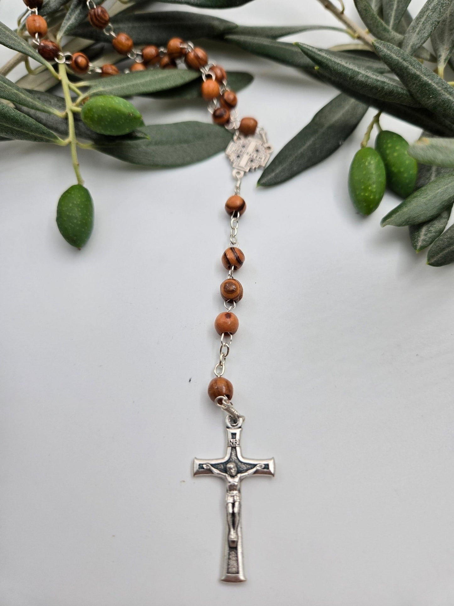 Olive Wood Pocket Rosary — 6 mm Beads with Pewter Crucifix and Jerusalem Cross - Christian Crafts