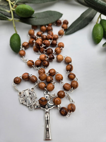 Olive Wood Pocket Rosary — 6 mm Beads with Pewter Crucifix and Jerusalem Cross - Christian Crafts