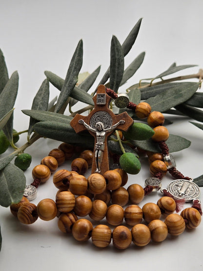 Olive Wood & Silver - Plated St. Benedict Rosary — Durable Corded Beads - Christian Crafts