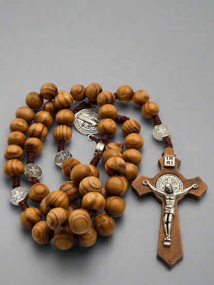 Olive Wood & Silver - Plated St. Benedict Rosary — Durable Corded Beads - Christian Crafts