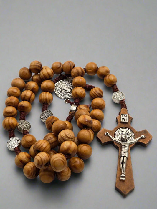 Olive Wood & Silver - Plated St. Benedict Rosary — Durable Corded Beads - Christian Crafts