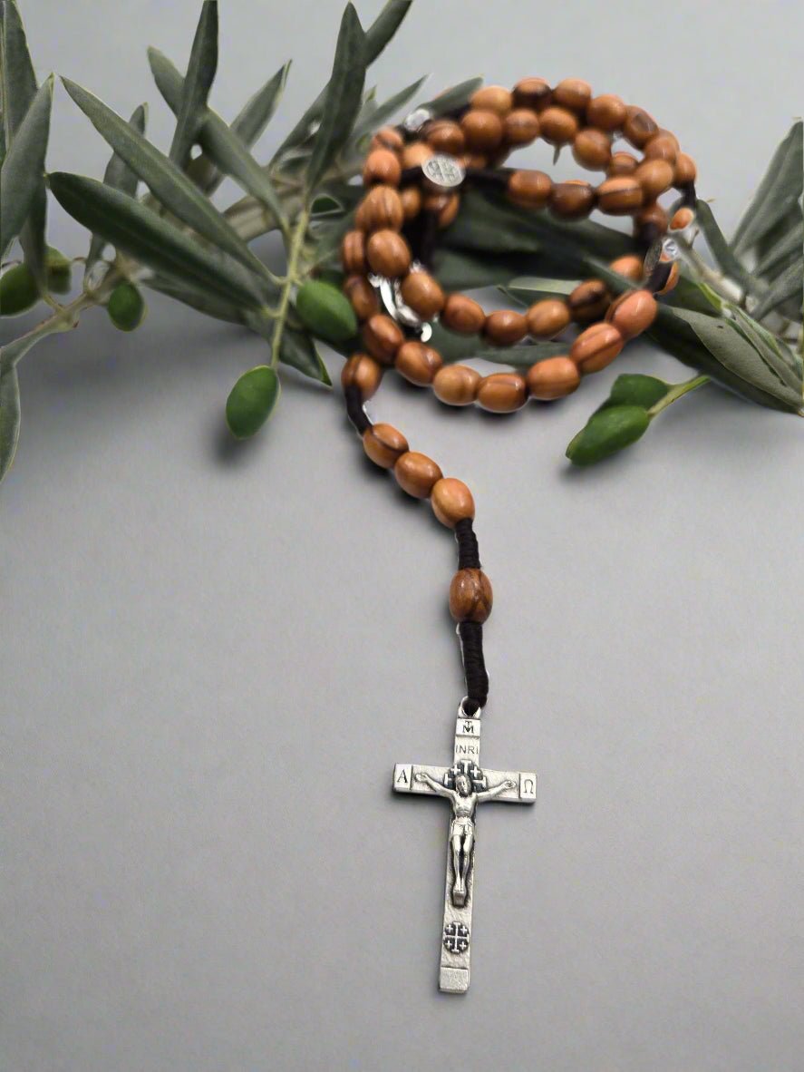 Olive Wood & Silver - Plated St. Benedict Rosary — Natural Beads with Medal Separators - Christian Crafts