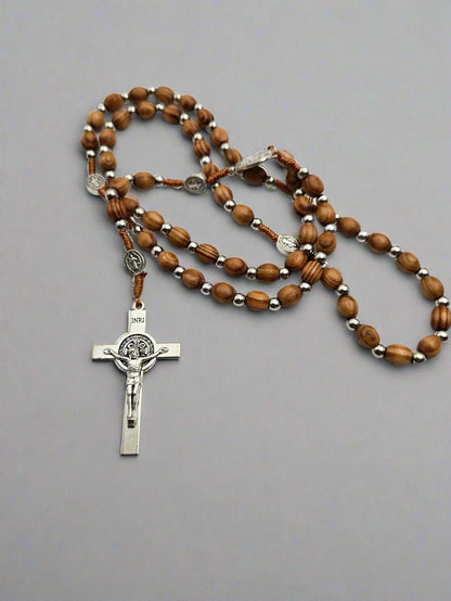 Olive Wood & Silver - Plated St. Benedict Rosary — Natural Beads with Medal Separators - Christian Crafts