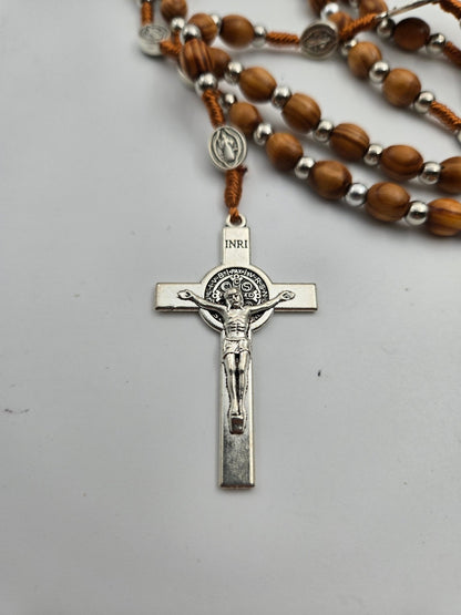 Olive Wood & Silver - Plated St. Benedict Rosary — Natural Beads with Medal Separators - Christian Crafts