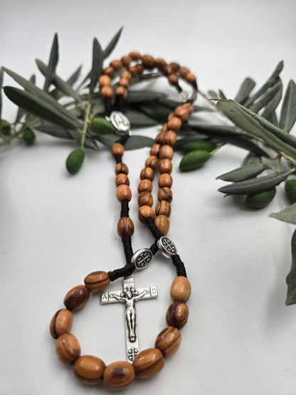 Olive Wood & Silver - Plated St. Benedict Rosary — Natural Beads with Medal Separators - Christian Crafts