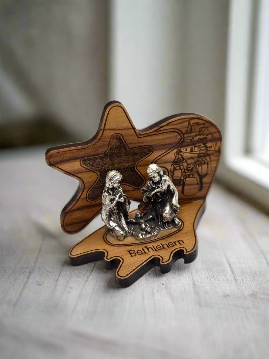 Olive Wood Star Nativity with Pewter Holy Family – Handcrafted in Bethlehem - Christian Crafts