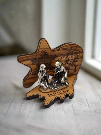 Olive Wood Star Nativity with Pewter Holy Family – Handcrafted in Bethlehem - Christian Crafts